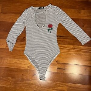 Bodysuit XS black & white stripes with Rose and Keyhole chest
